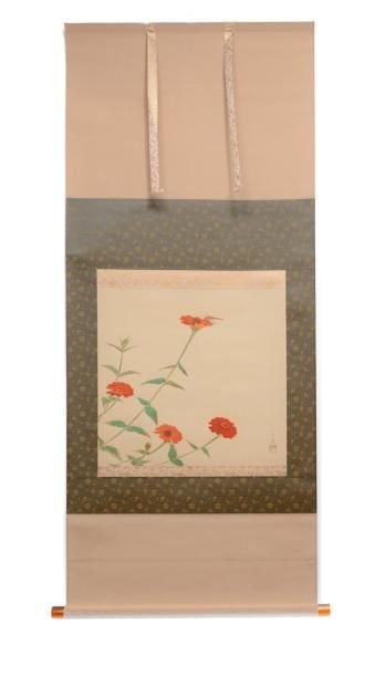 Peinture sur rouleau (kakejiku) figurant une libellule tonbo rouge et des fleurs rouges de gerber
