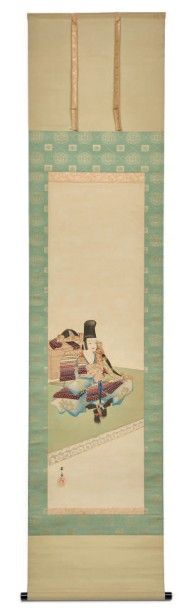 PEINTURE SUR ROULEAU POLYCHROME (kakejiku) fi gurant un guerrier portant une armure (yoroi), son casque posé derrière lu