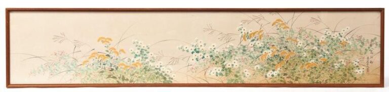 Peinture sur soie de forme allongèe reprèsentant les sept fleurs de l'automne (aki no nanagusa