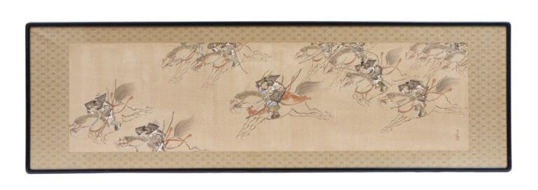 Peinture sur soie de forme rectangulaire et encadrée figurant des guerriers à cheva