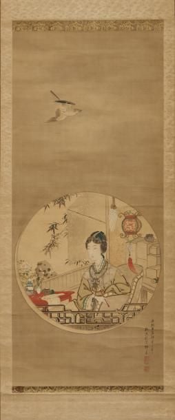 Peinture sur soie polychrome montée sur rouleau (kakejiku