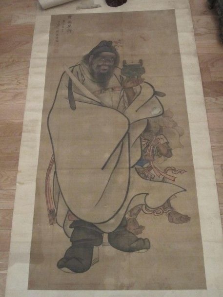 Peinture sur soie représentant Chung Kwei accompagné d'un démo