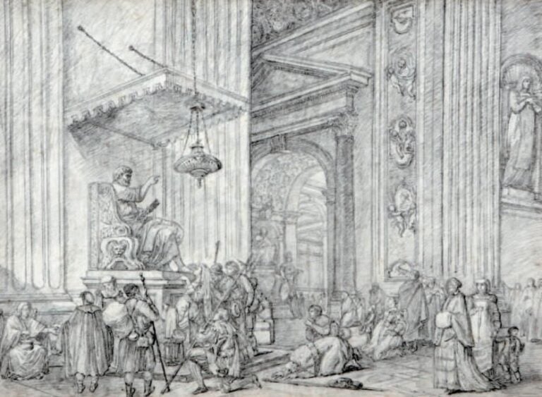 « Pèlerins dans la basilique Saint Pierre de Rome » Pierre noire 36,5 x 50 cm Provenance: - Collection Gosselin jusqu'en 1953 - Collection privée Bibliographie:
