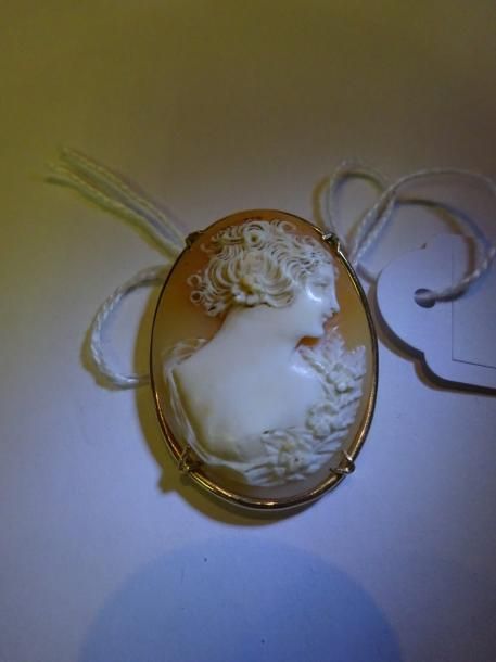 Pendentif en or jaune 18k (750°/00) serti d'un camée coquille ornée d'un profil de dame de qualit