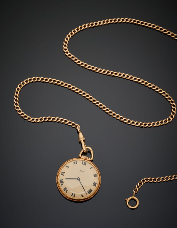 PERRET Jean - MONTRE de POCHE en or jaune (750‰). Cadran doré, chiffres romains…