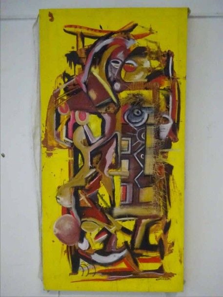 Personnage africain sur fond jaune Technique mixte: huile sur toile collage