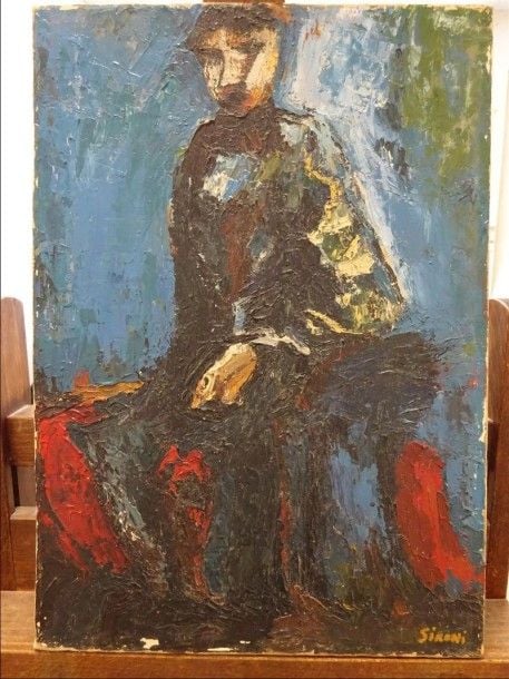 Personnage assis Huile sur toile Signée en bas à droite 49,5 x 34,5 cm (craquelures et manques)