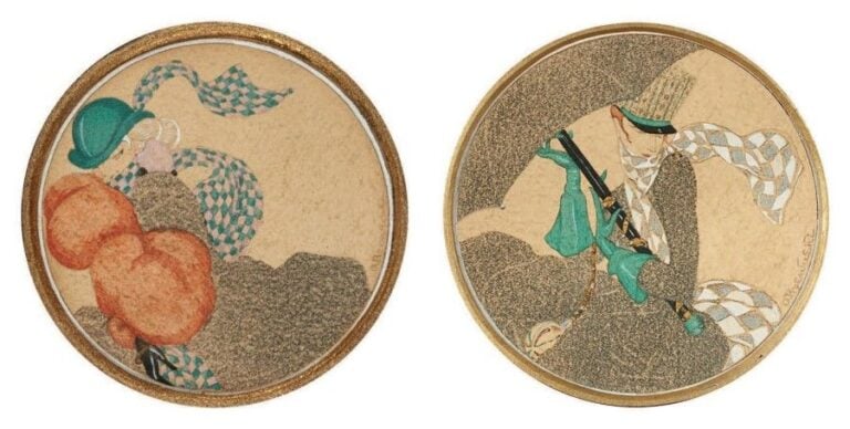 Personnages Deux aquarelles, gouaches et encres sur papier, signées sur le côté droit Format circulaire, diamètre (à vue): 8 cm Les deux: