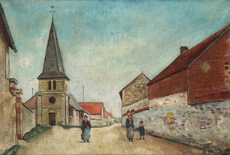 Personnages devant l'église Huile sur toile, signée en bas à droite 39 x 55,5 cm