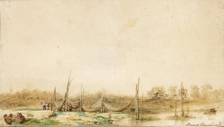 Personnages en bord de mer Aquarelle, signée en bas à droite 10 x 17,5 cm