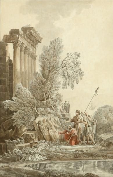 «Personnages orientaux admirant un bas relief antique devant un temple» Plume, lavis gris et aquarelle 40,5 x 26 cm