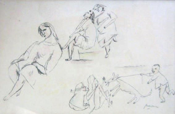 Personnages Plume et rehauts d'aquarelle, cachet de la signature en bas à droite À vue: 19 x 29 cm