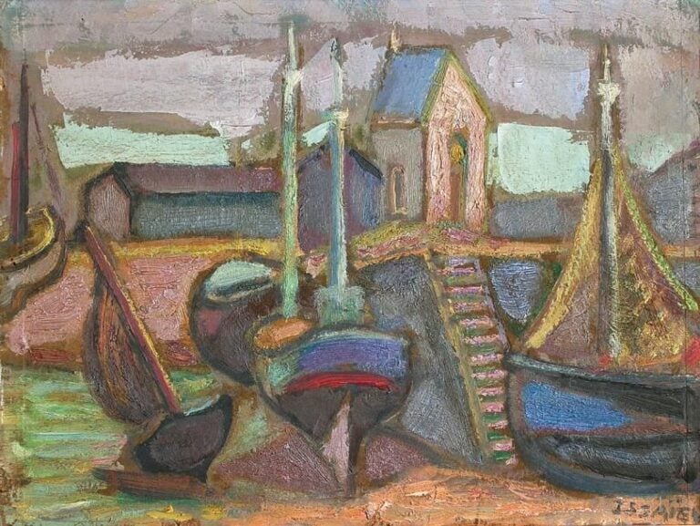 Petit port en Bretagne Huile sur carton Signée en bas à droite 27 x 36 cm