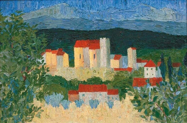 Petit village aux toits rouges Huile sur toile, signée en haut à droit