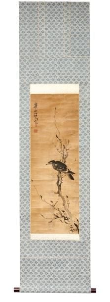 Petite peinture à l'encre sur rouleau (kakejiku) figurant un oiseau dans un arbr