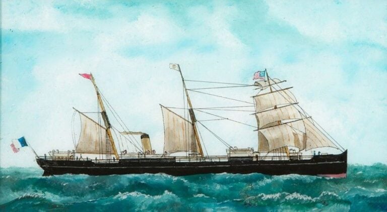 «Picardie» Fixé sous verre contemporain présentant un cargo mixte français faisant route vers les État-Unis 33 x 53 cm
