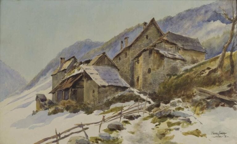 Pierre COMBA Châlet en montagne sous la neige Aquarelle sur papier Signée en bas à droite  26,5 x 43 cm
