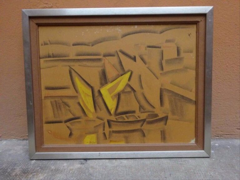 Pierre DE BELAY (1890-1947) Les voiles jaunes Fusain et gouache sur papier marouflé sur toile Signée et datée en bas au centre: "25" 41 x 52,5 cm