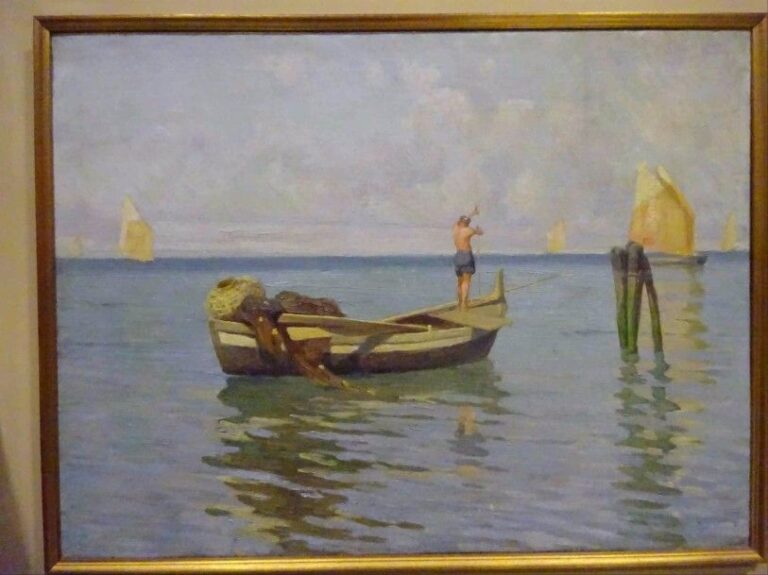 Pietro MONASTERIO (1876-1940) La pêche Huile sur panneau Signée en bas à droite Cartouche sur le cadre 42,5 x 56,5 cm (à vue)