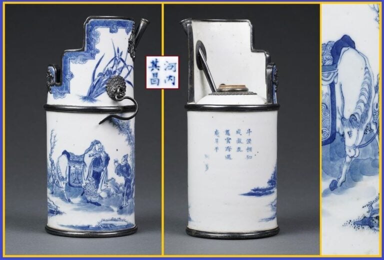 PIPE A EAU A OPIUM EN PORCELAINE DITE « BLEU DE HUÊ », HENEI / HANOÏ QI CHANG / ????