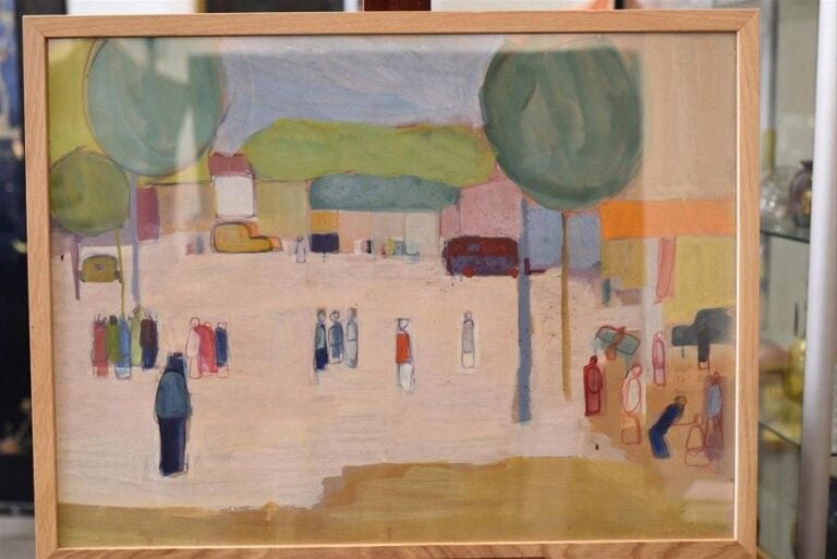 Place de village, circa 1950 Gouache sur papier, Cachet de la vente d'atelier au dos 59 x 79 cm