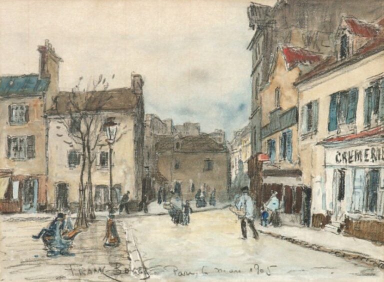 PLACE DU TERTRE Fusain et aquarelle, signé en bas à gauche 26,6 x 38 cm
