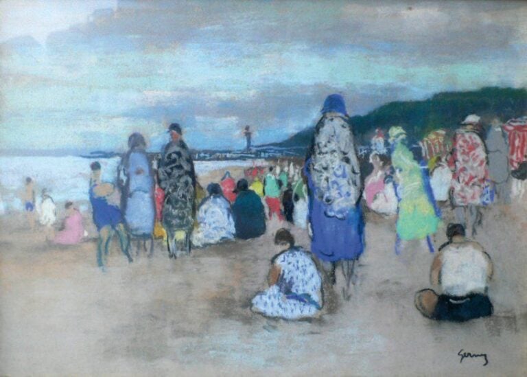 Plage de Deauville Pastel, signé en bas à droite 32 x 45 cm
