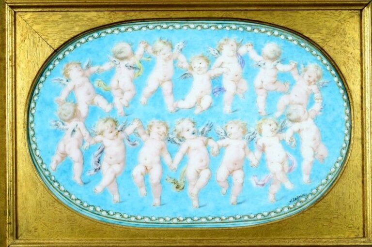 Plaque en céramique oblongue encadrée orné d'une ronde de quatorze angelots sur fond bleu célest