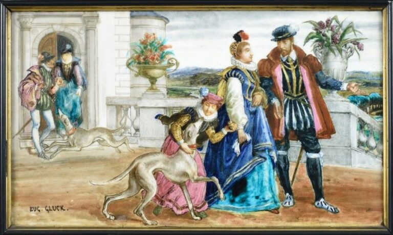 Plaque rectangulaire en céramique ornée d'une scène animée par cinq personnages de la Renaissance et un lévrier sur la terrasse d'un châtea