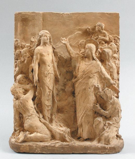 Plaque rectangulaire, en terre cuite représentant une scène biblique : Résurrection de Lazare, d'après l'Évangile selon Saint Jea