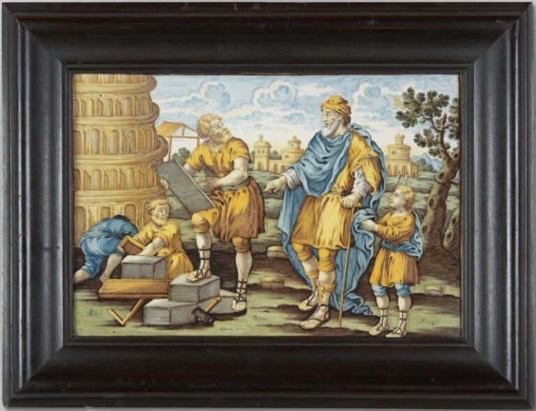 Plaque rectangulaire ornée d'un décor polychrome figurant la construction de la Tour de Babe