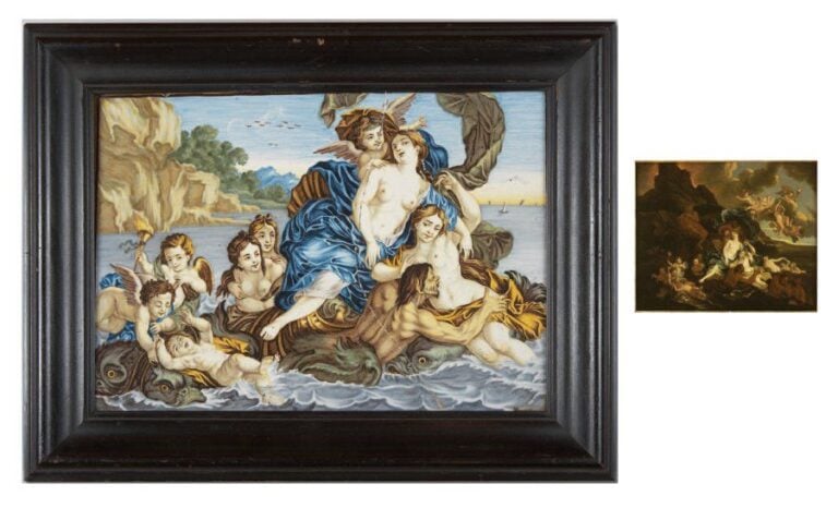 Plaque rectangulaire ornée d'un décor polychrome figurant le Triomphe de Galatée représentée à demi nue et accompagnée d'un cortège de nymphe