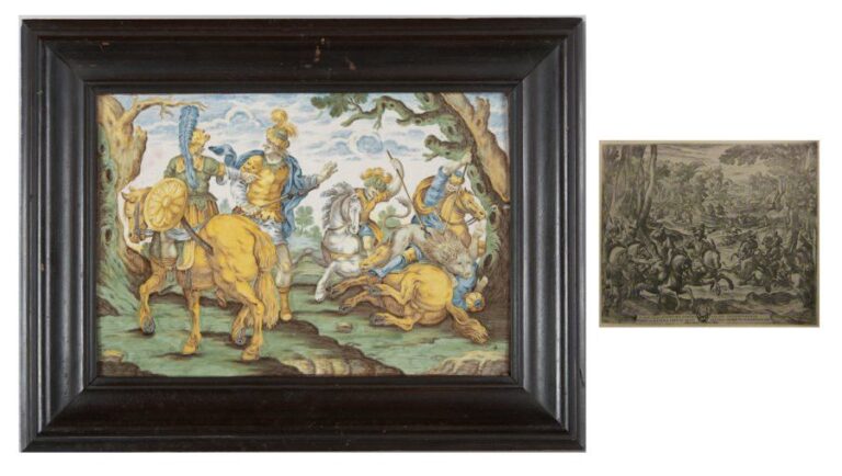 Plaque rectangulaire ornée d'un décor polychrome figurant un roi et un cavalier à gauche du premier plan et deux cavaliers chassant un lion dévorant un chasseur à l'arrière plan de la compositio
