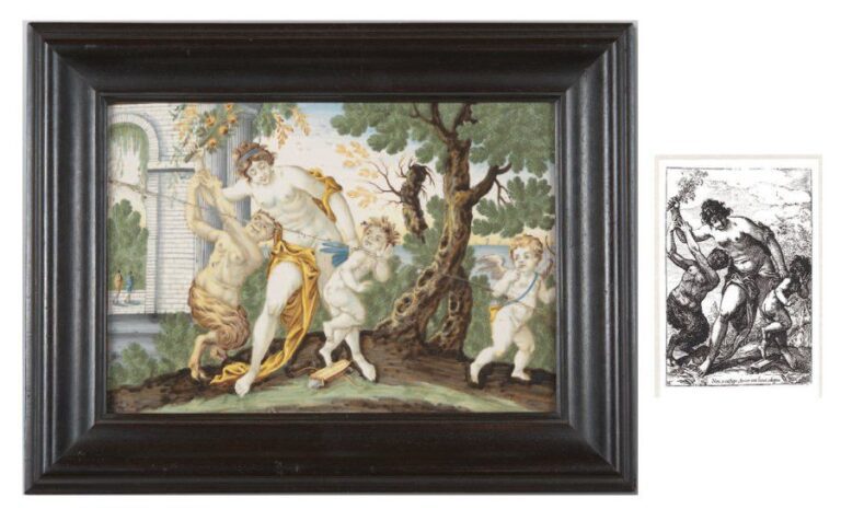 Plaque rectangulaire ornée d'un décor polychrome figurant Vénus corrigeant l'Amour freinée par un faune, le tout se détachant sur un fond paysagé animé de ruine
