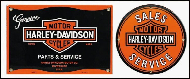 PLAQUES ÉMAILLÉES « HARLEY DAVIDSON » Lot de deux plaques émaillées pour la marque « Harley Davidson » USA contemporaines: Une ronde « sales Services », Dia