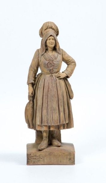 «Poletaise tenant des poissons» Grande terre cuite signée sur la base «Graillon» et datée 1883 Hau