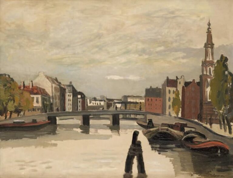 Port à Amsterdam Huile sur toile, signée en bas à droite 50 x 65 cm