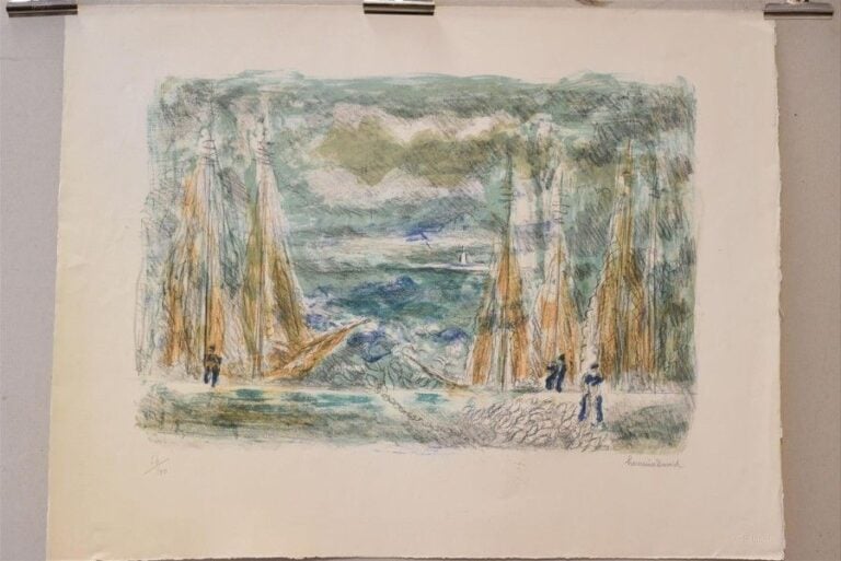 Port aux pêcheurs Lithographie Justifiée en bas à gauche 56/100 Contresignée et cachet sec en bas à droite: «L'Estampe» 35 x 50 cm