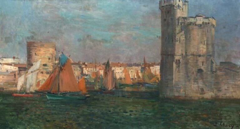 «PORT DE LA ROCHELLE» Huile sur toile, signée en bas à droite (accidents) 45 x 82 cm
