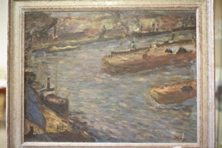 Port de Rouen Huile sur panneau, monogrammée en bas à droite 39,5 x 51 cm