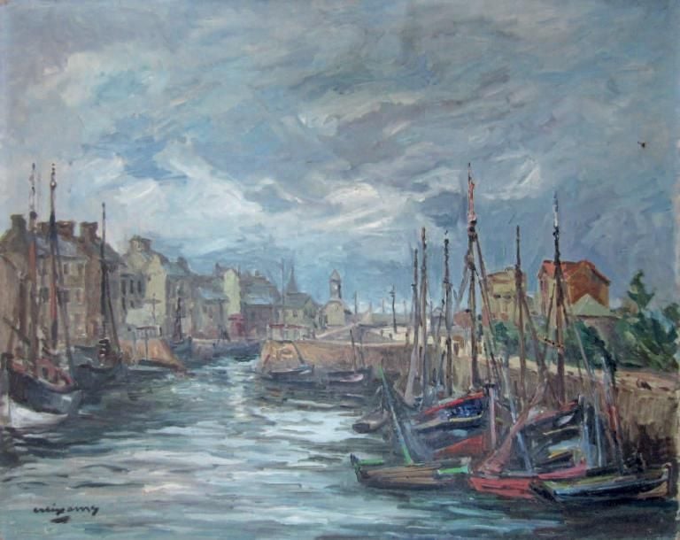 Port en Normandie Huile sur toile, signée en bas à gauche Petits trous et manques 65 x 81 cm