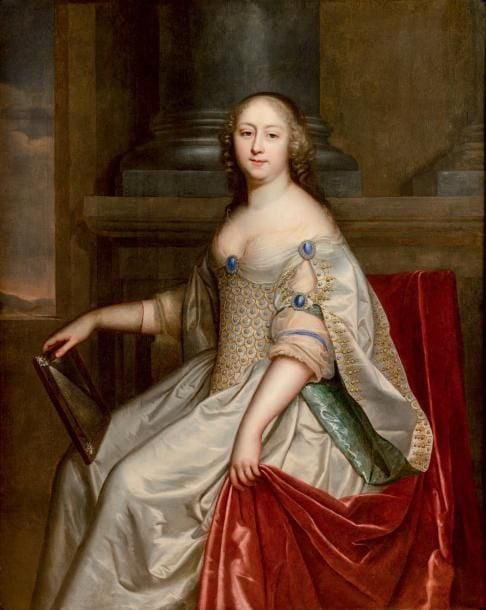 Portait d'une dame de qualité à la robe de satin blanc tenant un miroir dans la main droite