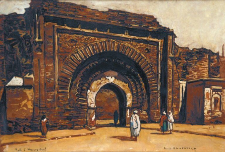 « Porte à Marrakech » Gouache signée en bas à droite et située en bas à gauche 33,5 x 49 cm