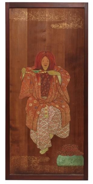 Porte en bois naturel sur laquelle figure une peinture polychrome anonyme représentant Sh?j?, célèbre personnage du théâtre N? portant un récipient