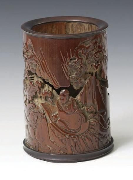 Porte-pinceaux bitong en bambou sculpté et ajouré d'un sage descendant un cours d'eau sur une embarcatio
