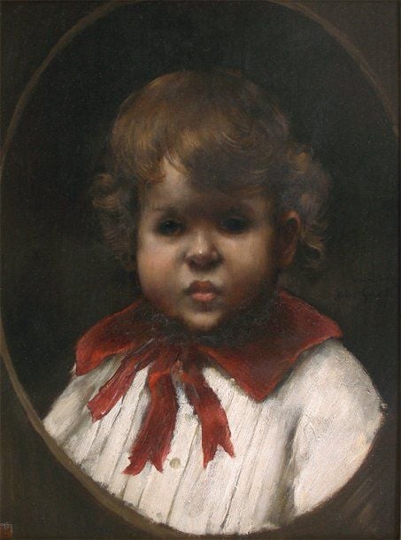 « Portrait d'enfant au col rouge, circa 1825 » Huile sur panneau, signée à droite au centre, dédicacée « A mon ami Nicolas