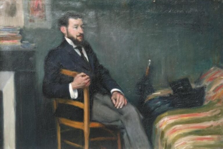 Portrait d'homme à la chaise Huile sur toile, signée, dédicacée « A Vines » et datée 98 en haut à droite 50 x 73 cm