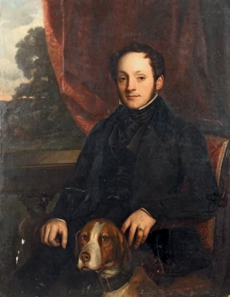 «Portrait d'homme assis accompagné de son chien» Huile sur toile Signée en bas à gauche: AD RINCK 109 x 85,3 cm (sans cadre)