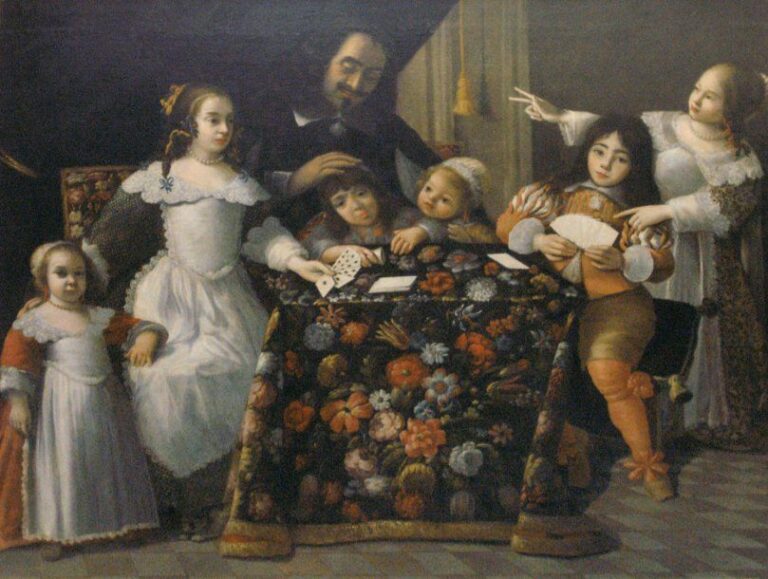 Portrait de famille jouant aux cartes dans un intérieur Louis XIII Huile sur toile (restaurations anciennes) 171 x 19