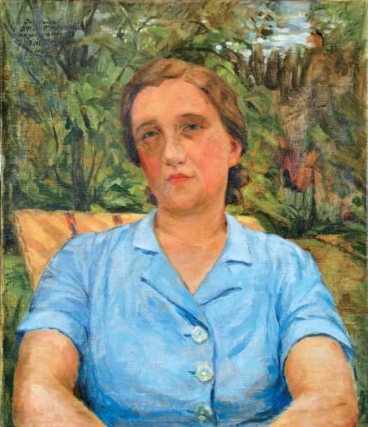 PORTRAIT DE FEMME DANS UN JARDIN - 1942 Huile sur toile, signé, daté et dédicacé en haut à gauche 53 x 45,5 cm